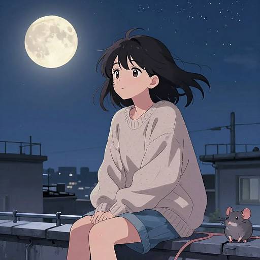 Anime-style drawing of a girl with black hair in a white sweater and denim shorts, sitting on a rooftop at night, moonlit sky, and a