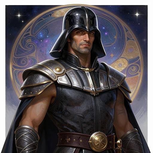Digital illustration of a muscular, fair-skinned man in dark armor with a metallic helmet, standing against a celestial, circular pattern backdrop.