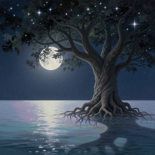 Digital artwork of a gnarled tree with sprawling roots standing in a moonlit, starry lake, reflecting a glowing full moon.