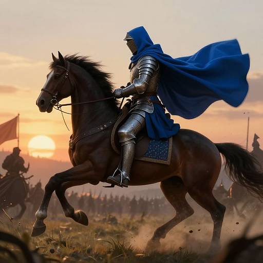 Photorealistic digital artwork of a knight in silver armor with a blue cloak, riding a galloping horse at sunset, surrounded by other knights and