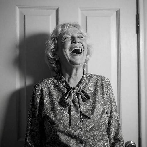 Joyful Elderly Woman in Black and White