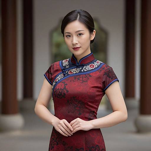 Photograph of an Asian woman with black hair in an elegant red, floral-patterned cheongsam with blue trim, standing indoors.