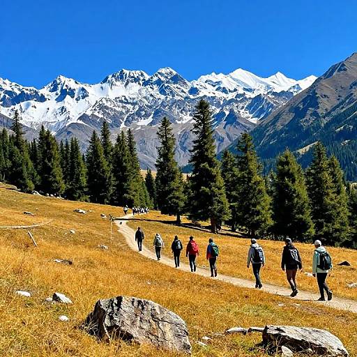 Photograph of hikers on a grassy mountain trail with snow-capped peaks, evergreen trees, and a bright blue sky in the background.