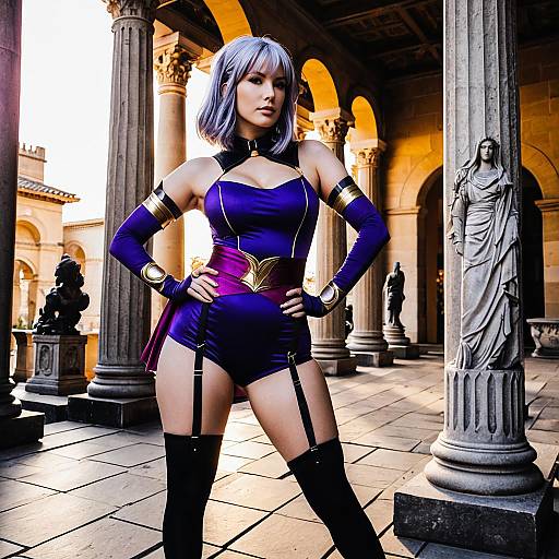 Woman in Violet Cosplay Bodysuit in Stone Courtyard