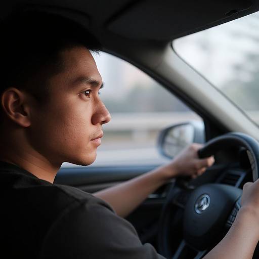 Determined Man Driving Through City