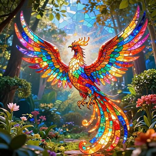 Vibrant, multicolored phoenix with rainbow wings and tail, surrounded by lush garden with sunlight filtering through trees, in a digital, fantasy artwork