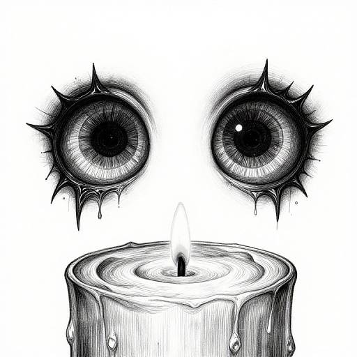 Black-and-white digital drawing of a dripping candle with large, spiky, horror-style eyes above it, creating a creepy, eerie atmosphere.