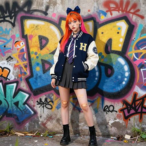 Digital anime-style photograph of a red-haired girl with a bow, wearing a black jacket, skirt, and boots, standing against colorful graffiti on a worn