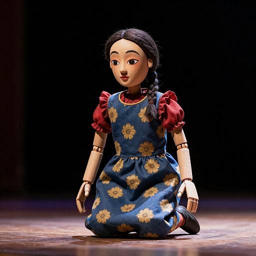 Spotlit Puppet Kneeling on Wooden Stage