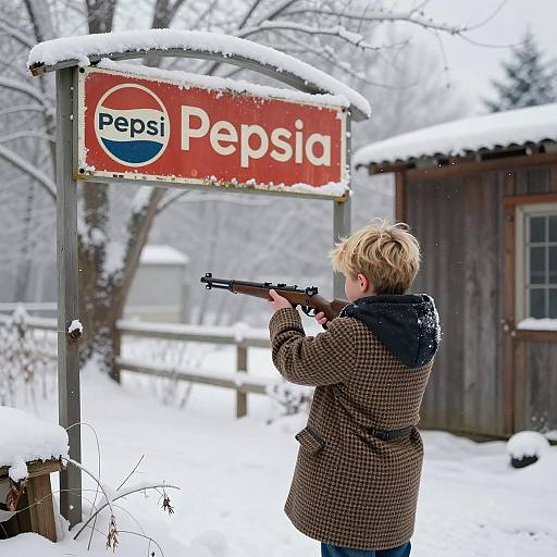 Boy Aiming Rifle at Vintage Pepsi Sign in Snow