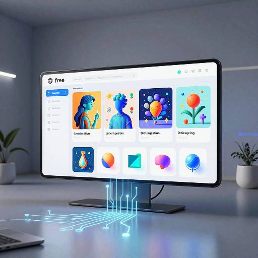 Photograph of a modern, futuristic desk with a sleek monitor displaying colorful, abstract app icons, illuminated by blue LED lines beneath.