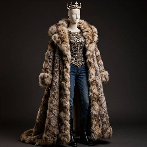 Photograph of a white mannequin wearing a luxurious brown fur royal coat, black sparkling top, blue jeans, and a gold crown, against a