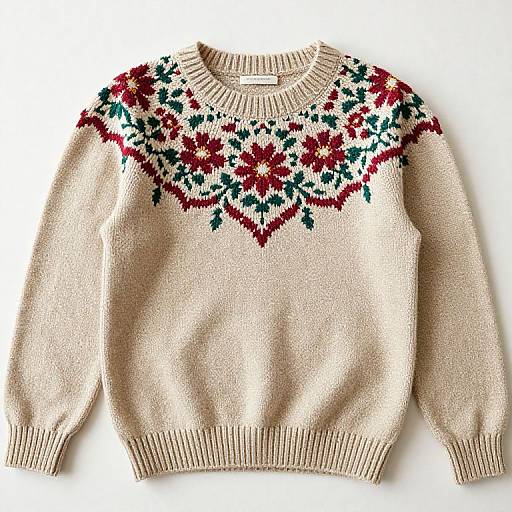 Photograph of a cream-colored knitted sweater with a decorative red and green floral pattern on the shoulders and neckline.