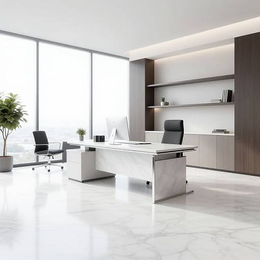 Modern, minimalist office with white marble floor, large window, sleek white desk, black office chair, floating shelves, potted plants, and recessed