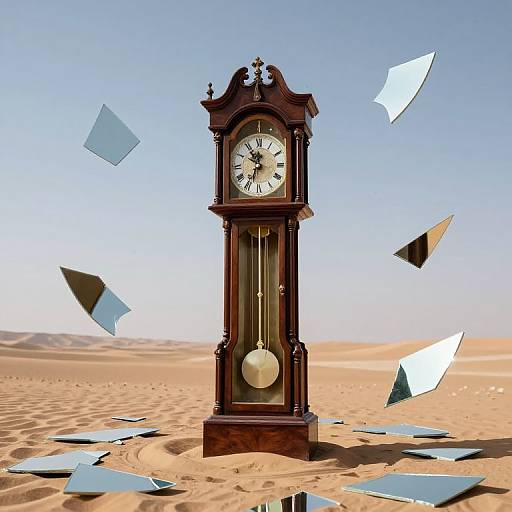 Photograph of an antique wooden clock standing in a desert, with shattered mirror pieces flying around it under a clear blue sky.