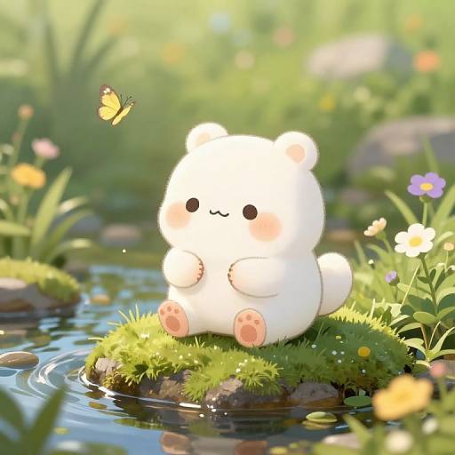 Cute digital illustration of a chubby, white, cat-like creature with pink paw pads, sitting on a grassy pond rock, watching a yellow butterfly