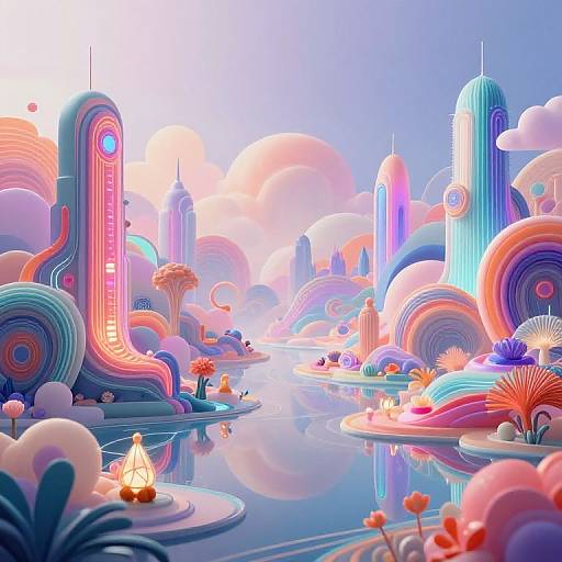Vibrant digital artwork of a surreal futuristic city with neon skyscrapers, colorful swirls, floating flowers, and a reflective waterway.