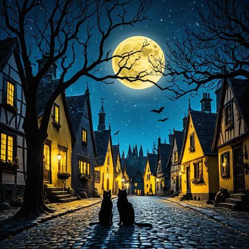 Gothic Village Night with Black Cats and Full Moon