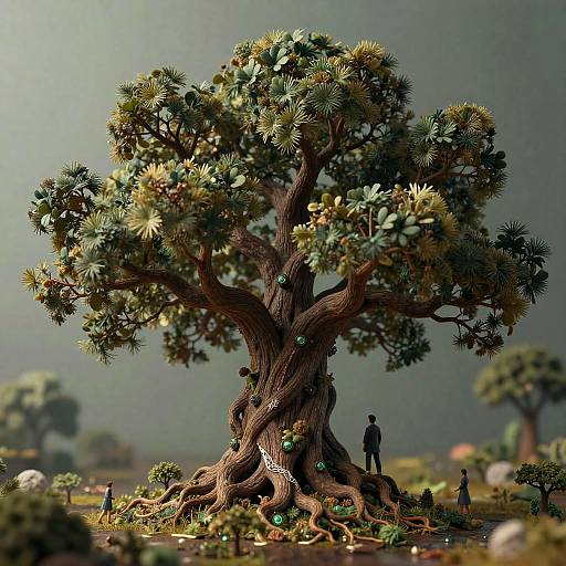 Photorealistic digital artwork of a massive, intricately detailed tree with twisted roots, green leaves, and tiny human figures around it.