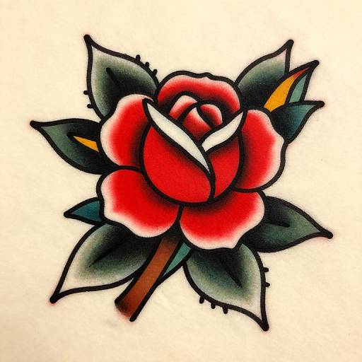 Vibrant tattoo-style digital drawing of a red rose with black and green leaves, outlined in bold black, on a white background.