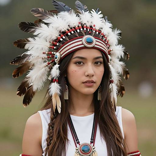 Photograph of an Asian woman with long dark hair, wearing a Native American-style headdress with white, black, and red feathers, a white sleeve