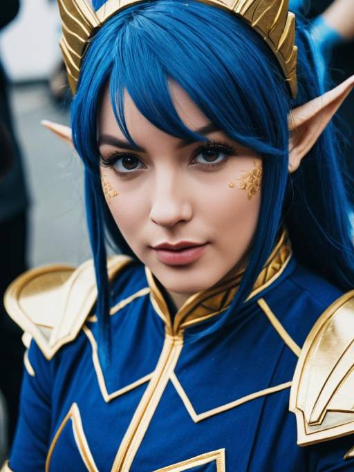 Close-up of Woman in Blue and Gold Fantasy Cosplay