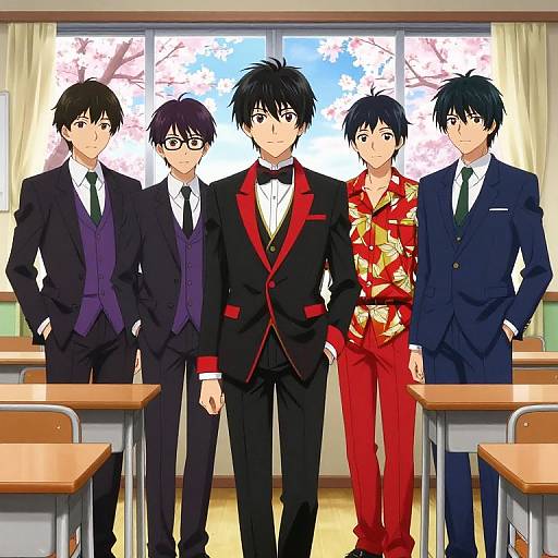 Anime-style digital illustration of five men in formal attire standing in a school classroom with cherry blossom trees outside. Central figure wears black suit with red trim,