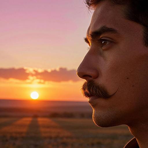 Photograph of a young man with dark hair and mustache, in profile, gazing at a vibrant orange sunset over a field.