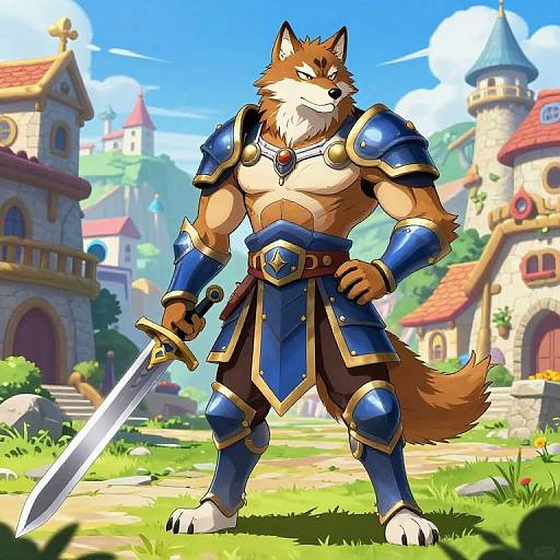 Anthropomorphic wolf warrior in blue and gold armor, standing on a grassy path, holding a sword, in a bright, colorful medieval village.