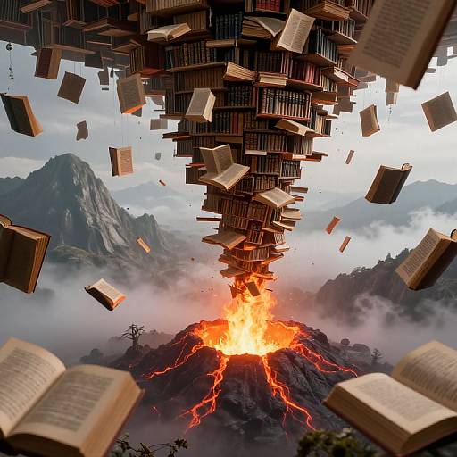 Ethereal Floating Library Around Volcano