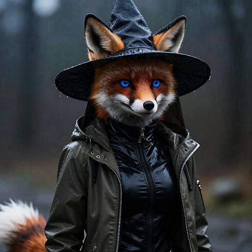 Anthropomorphic Fox in Witch Hat and Raincoat