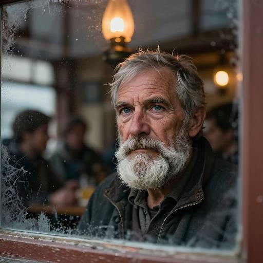 Photograph of an older white man with gray beard and blue eyes, standing at a dimly lit, warm-toned café window, looking pensively
