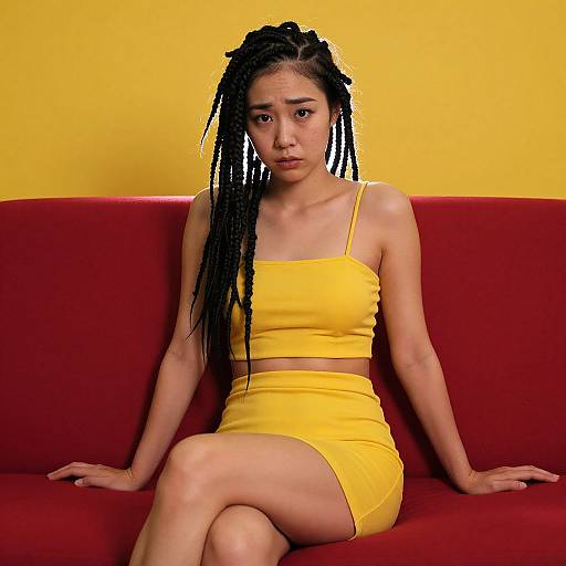 Photograph of an Asian woman with long braids, wearing a yellow crop top and skirt, seated on a red couch against a yellow background, looking