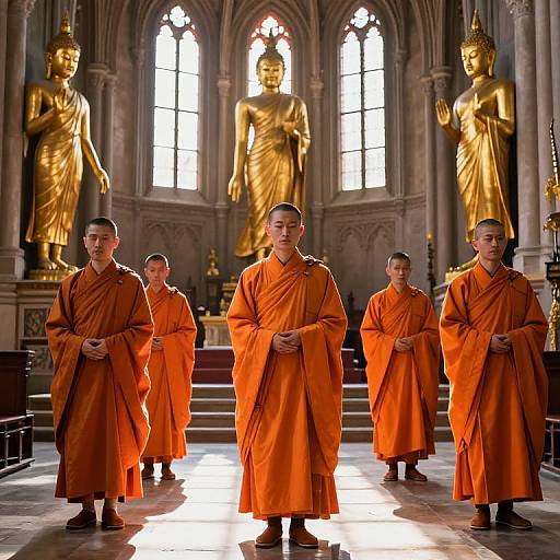 Photograph of five Buddhist monks in orange robes standing in a sunlit, ornate temple with golden Buddha statues in the background.