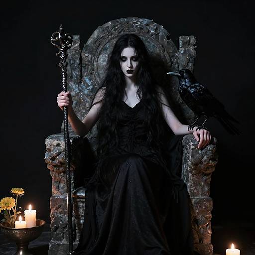 Gothic photograph of pale woman with long black hair, wearing a black dress and crown, holding a staff, seated on a stone throne, surrounded