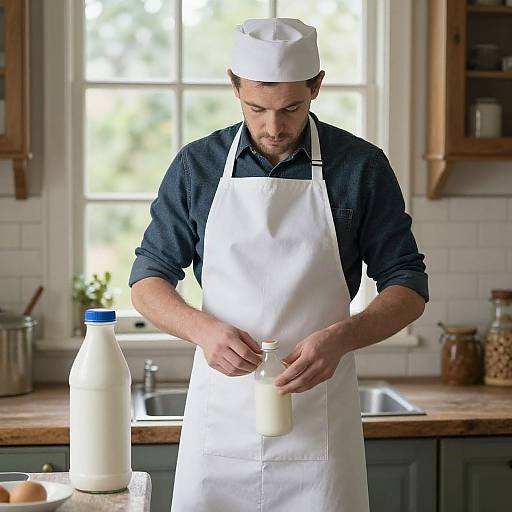 Photograph of a bearded man in a white apron and cap, pouring milk from a bottle into another bottle in a bright kitchen.