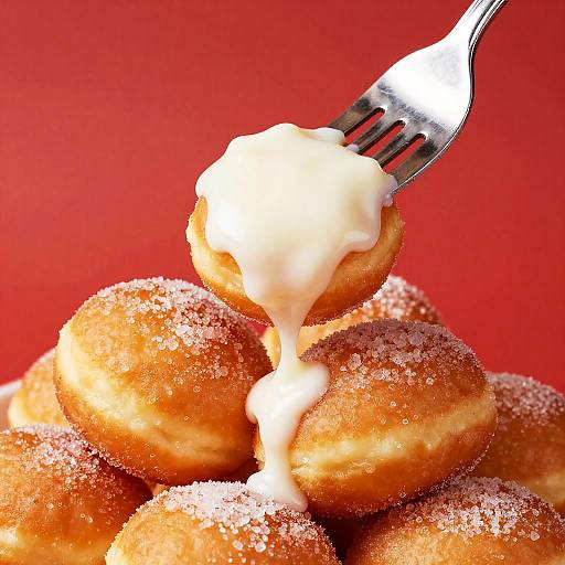 Close-Up Fork Dipping Into Iced Doughnuts