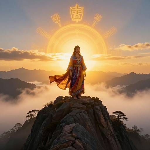 Photograph of a deity in colorful traditional attire standing on a rocky peak at sunrise, surrounded by misty mountains and golden sunlight, with ethereal symbols