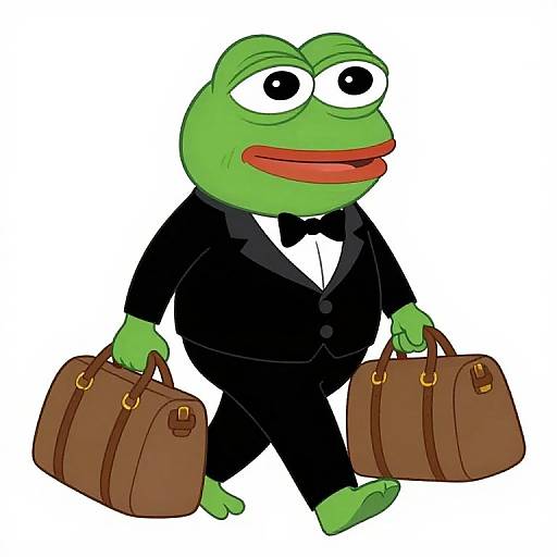 Cartoon green frog in black tuxedo with bow tie, holding two brown briefcases, walking. Digital illustration style. White background.