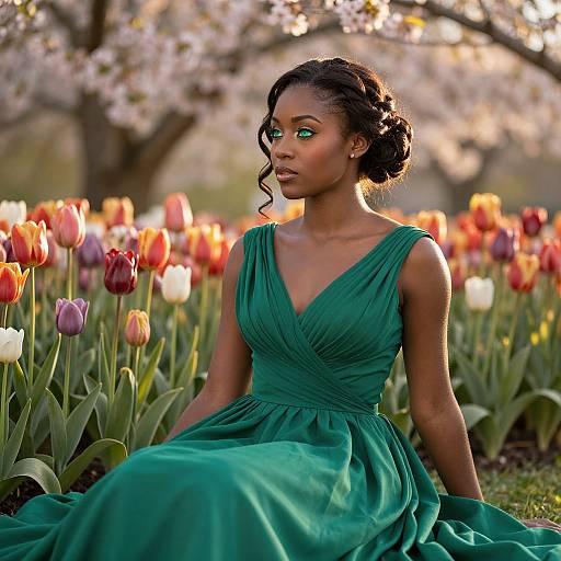 Photograph of a beautiful Black woman with green eyeshadow, wearing a sleeveless, emerald green gown, seated among colorful tulips and blo