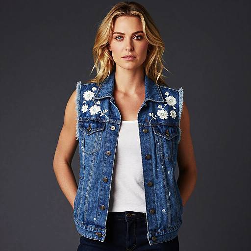 Photograph of a blonde woman with wavy hair, wearing a blue denim vest with white floral embroidery, white tank top, and dark jeans, standing