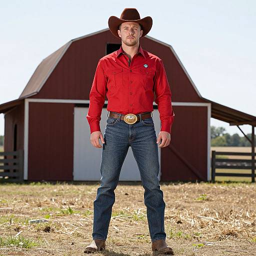 Photograph of a handsome Caucasian man in a red shirt, blue jeans, brown cowboy hat, and belt buckle, standing in front of a red barn