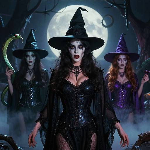Photograph-style digital image of three eerie, pale-skinned witches in black and purple attire, glowing full moon, snakes, dark forest background.