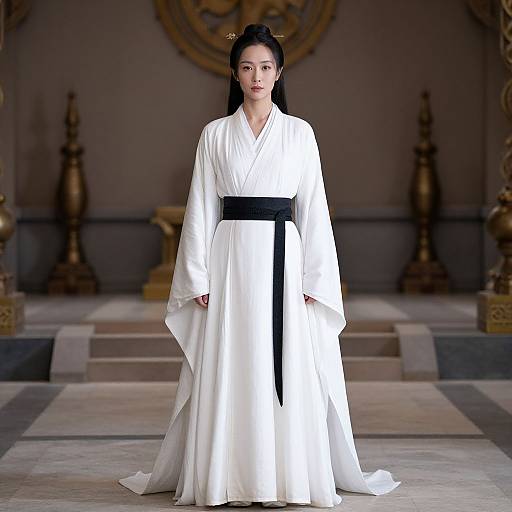 Photograph of an Asian woman with long black hair in a white traditional Korean hanbok with a black obi, standing in a dimly lit