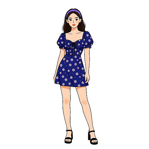 Digital illustration of a young woman with fair skin, dark brown hair, wearing a navy blue dress with white floral patterns, purple headband, and black