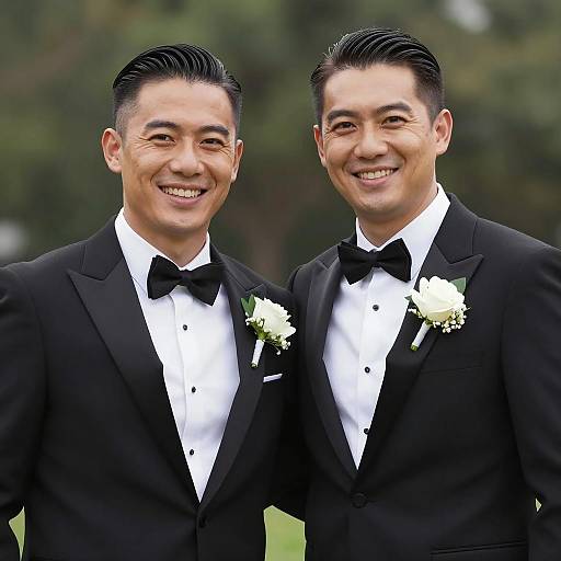 Elegant Duo in Tuxedos Smiling Together