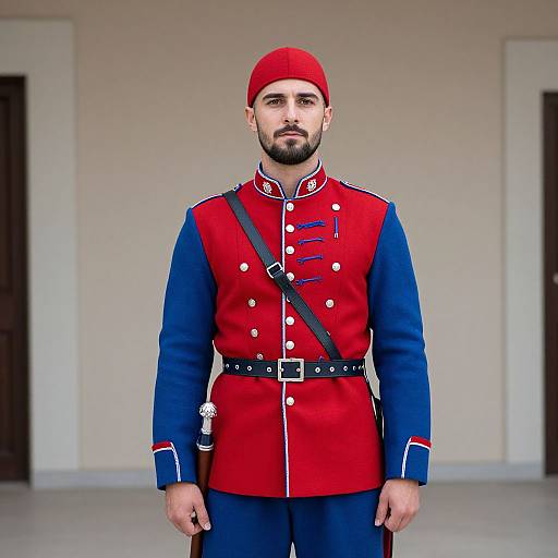 Photograph of a bearded man with a trimmed beard, wearing a red and blue military-style uniform with a red cap, black belt, and white