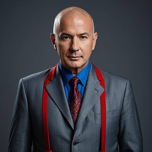 Serious Bald Man in Grey Suit with Red Suspenders