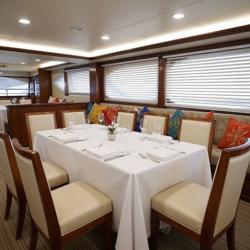 Photograph of a bright, modern dining area with a white tablecloth, four beige cushioned chairs, colorful pillows, and two large windows with closed