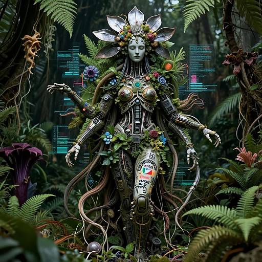 Digital artwork of a cybernetic, humanoid figure with flower and plant adornments, standing in a dense, dark forest, surrounded by ferns and